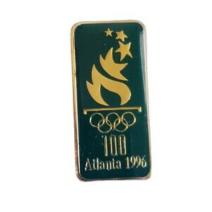 Atlanta Olympics 100th Torch PIN PINBACK Green Gold Enamel Rectangle 1996